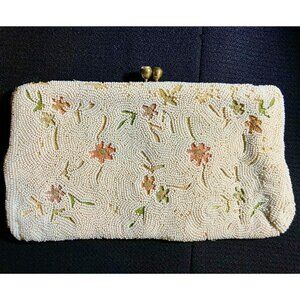 Vintage Walborg beaded evening purse, 1950s, handmade, pastel floral on whilte